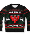 Black and green Christmas sweater with beer pong red solo cups and “You Sink It You Drink It” slogan — festive party humor from CollegeWares.