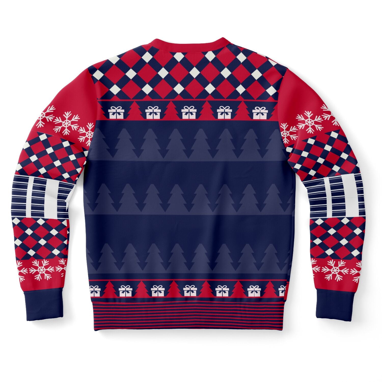 Back view of black and red sweater with snowflakes, trees, and no additional text — suggestive and festive from CollegeWares.