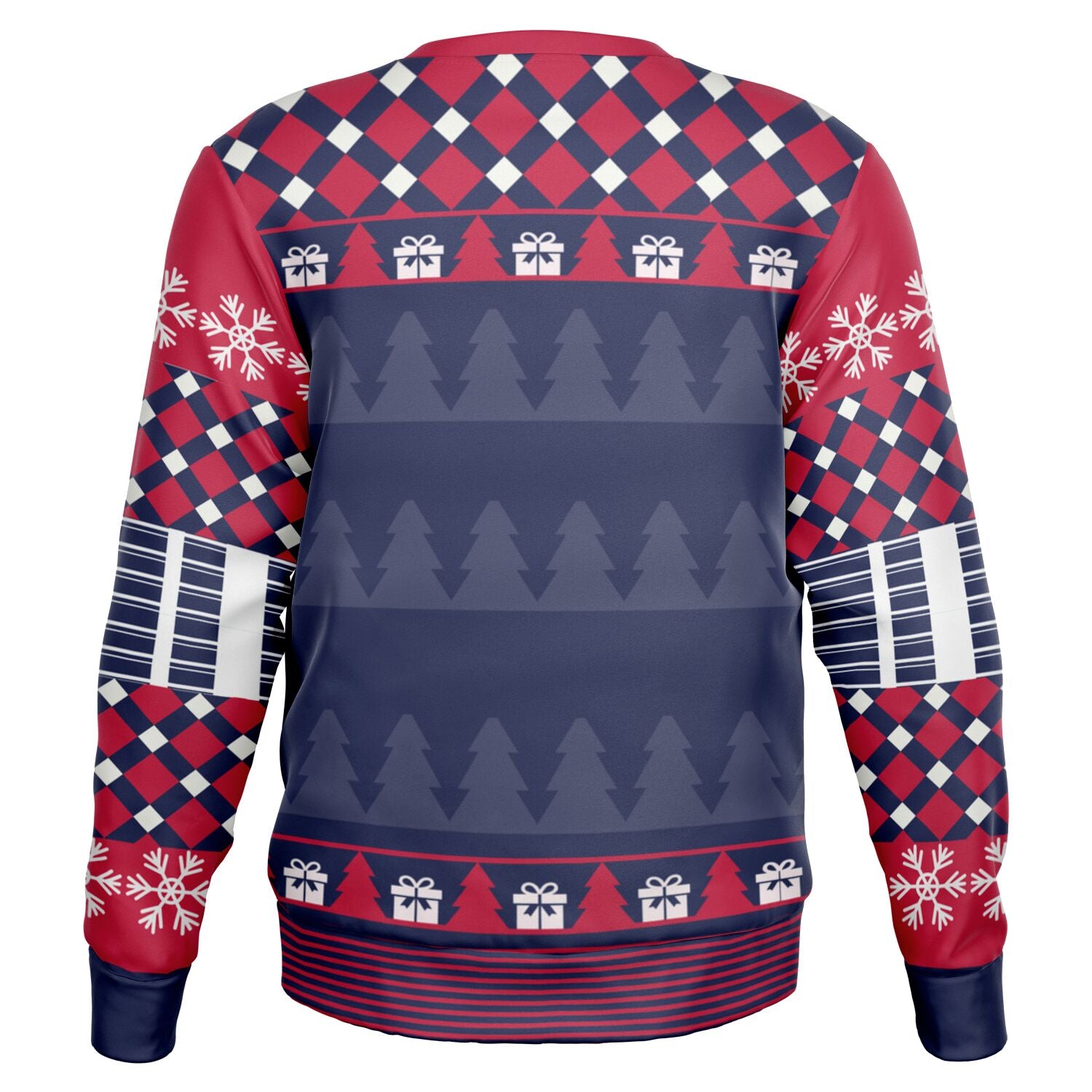 Back view of black and red sweater with snowflakes, trees, and no additional text — suggestive and festive from CollegeWares.