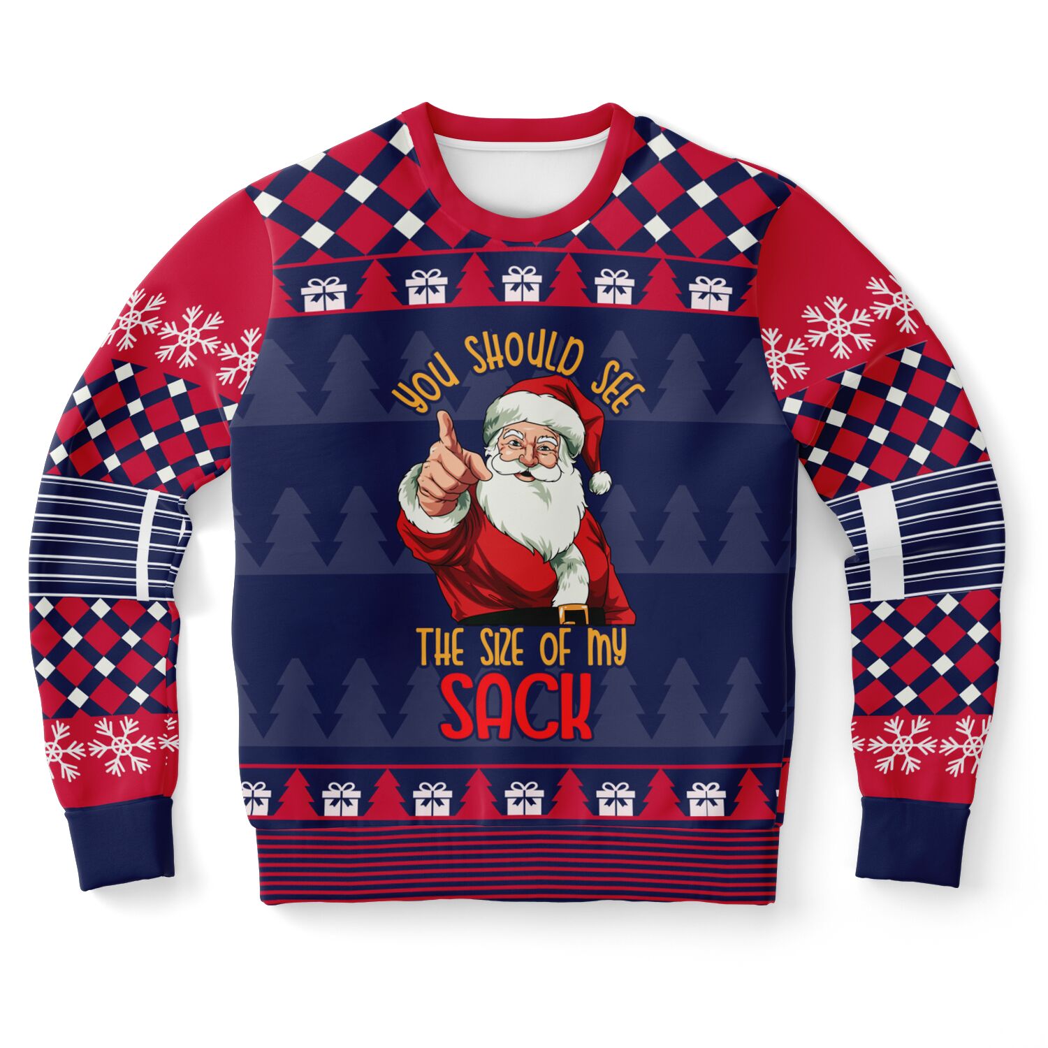 Black and red Christmas sweater with Santa holding a huge sack and “You Should See the Size of My Sack” slogan — bold and cheeky holiday humor from CollegeWares.