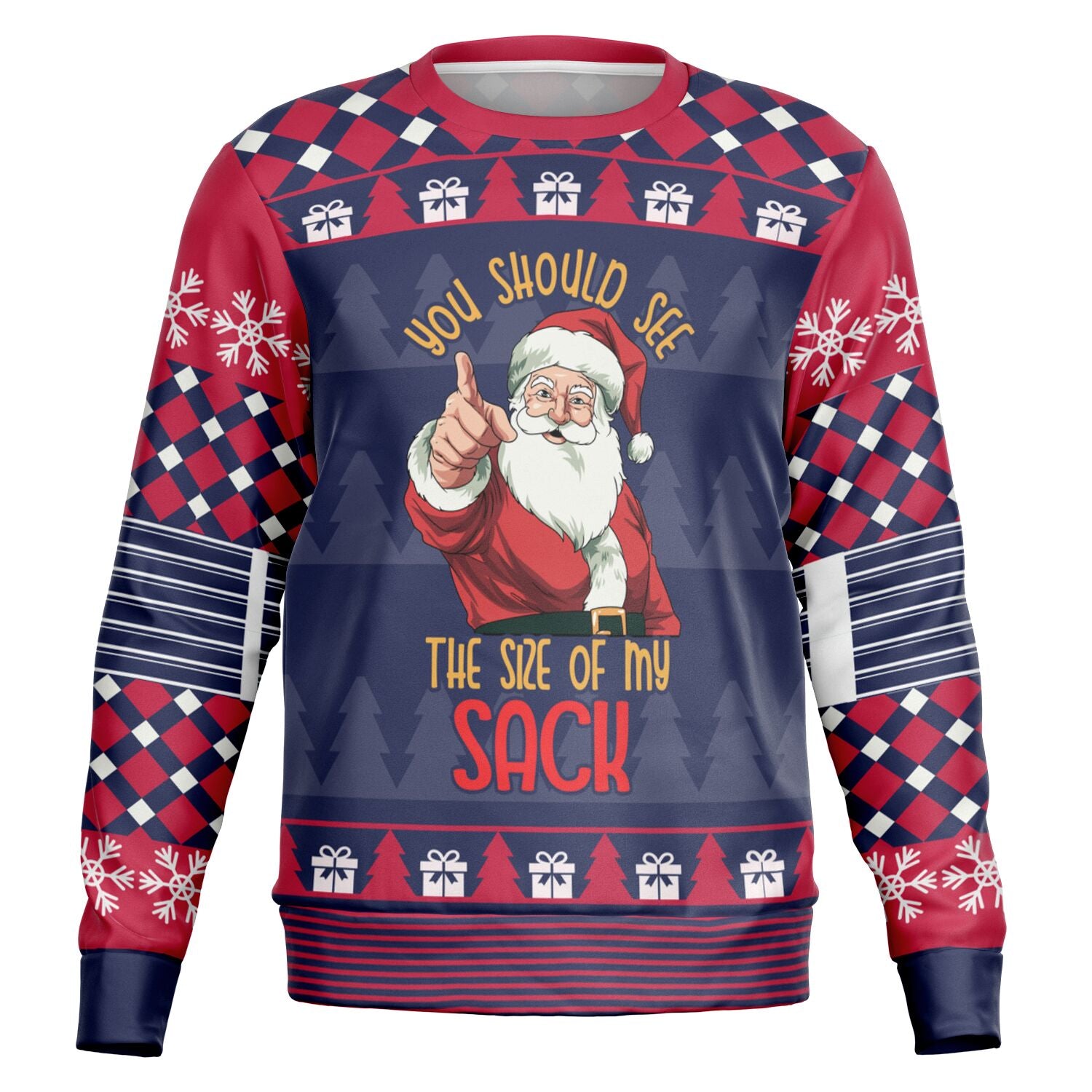Black and red Christmas sweater with Santa holding a huge sack and “You Should See the Size of My Sack” slogan — bold and cheeky holiday humor from CollegeWares.