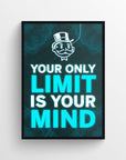 Poster featuring “Your Only Limit Is Your Mind” with “LIMIT” and “MIND” in vibrant cyan blue, standing out over a dark wireframe grid background and a glowing uncle top-hat character — electrified mindset poster from CollegeWares.