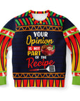 Navy blue Christmas sweater with “Your Opinion Is Not Part of the Recipe” slogan, roasted meats, and spatula — bold cooking humor from CollegeWares.