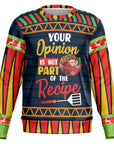 Navy blue Christmas sweater with “Your Opinion Is Not Part of the Recipe” slogan, roasted meats, and spatula — bold cooking humor from CollegeWares.