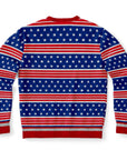 Back view of blue and red sweater with white stars and stripes pattern and no text — political humor from CollegeWares.