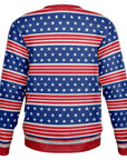 Back view of blue and red sweater with white stars and stripes pattern and no text — political humor from CollegeWares.
