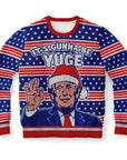 Blue and red Christmas sweater with cartoon Trump wearing a Santa hat and “It’s Gunna Be YUGE” slogan — patriotic parody design from CollegeWares.