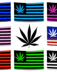Collage display featuring multiple weed American flags in different colors and a large marijuana leaf in the center — stoner room display from CollegeWares.