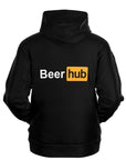 Black hoodie with “Beerhub” logo parody in bold white and orange block letters — humorous beer-themed hoodie from CollegeWares.