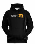 Black hoodie with “Beerhub” logo parody in bold white and orange block letters — humorous beer-themed hoodie from CollegeWares.