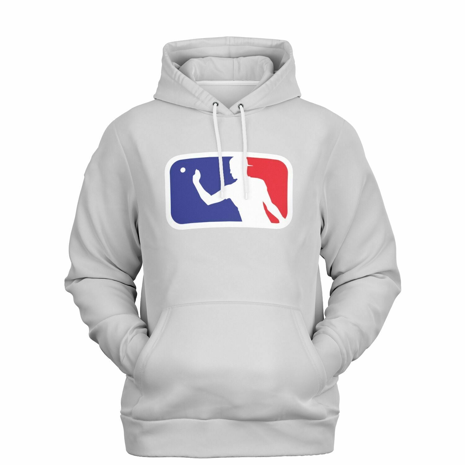 Light gray hoodie featuring a red, white, and blue logo parody with a silhouette tossing a ping pong ball — funny beer pong league sweatshirt from CollegeWares.