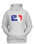 Light gray hoodie featuring a red, white, and blue logo parody with a silhouette tossing a ping pong ball — funny beer pong league sweatshirt from CollegeWares.