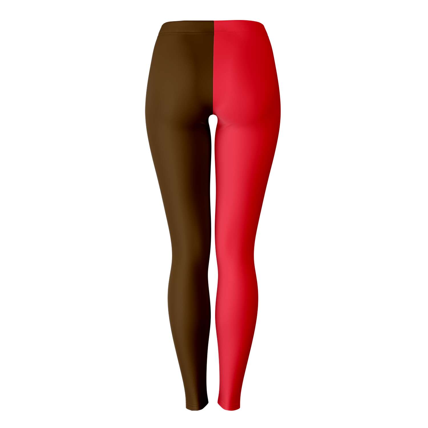 Back view of colorblock red and brown leggings with minimalist design — Ivy League activewear from CollegeWares.