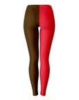 Back view of colorblock red and brown leggings with minimalist design — Ivy League activewear from CollegeWares.