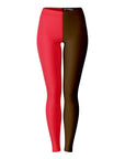Front view of red and brown Brown University color leggings with sharp vertical split — academic edge from CollegeWares.