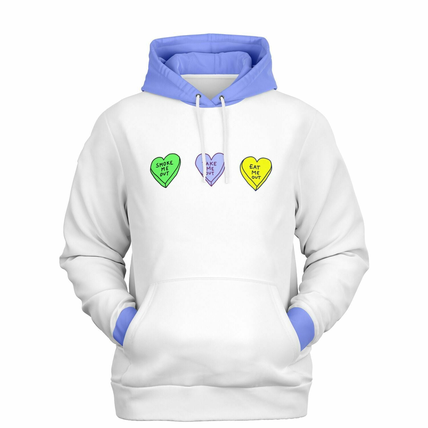 White hoodie with pastel candy hearts that say “Smoke Me Out,” “Take Me Out,” and “Eat Me Out” — funny and flirty graphic hoodie from CollegeWares.