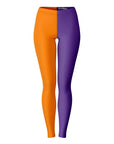 Front view of orange and purple Clemson University color leggings with vertical split — bold campus pride from CollegeWares.