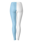 Back view of light blue and white leggings with Ivy League-inspired minimalist design — academic flair from CollegeWares.