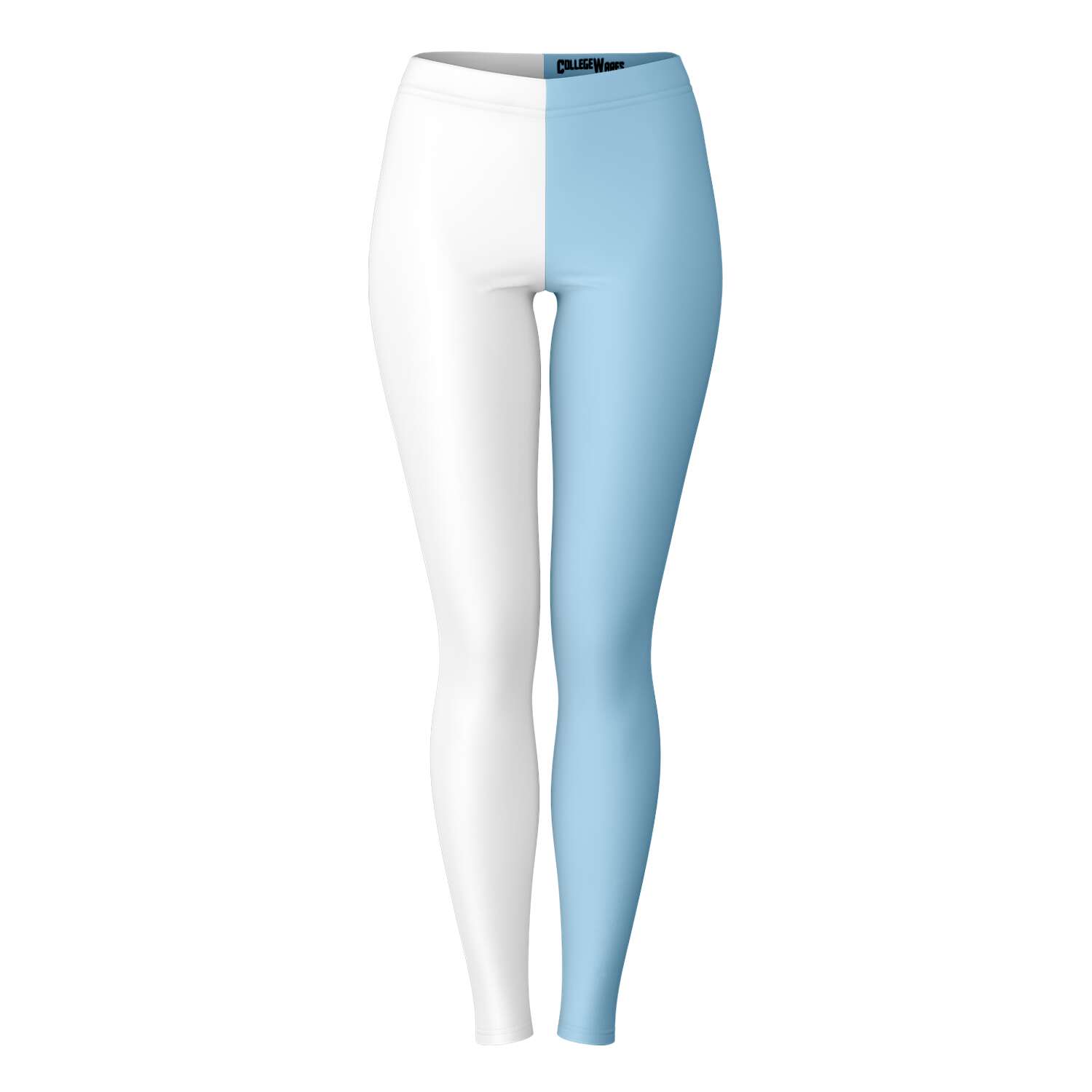 Front view of Columbia University color leggings in white and light blue vertical split — clean and classic style from CollegeWares.