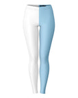 Front view of Columbia University color leggings in white and light blue vertical split — clean and classic style from CollegeWares.