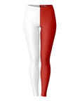 Front view of Cornell University color leggings in split red and white design — bold academic flair from CollegeWares.