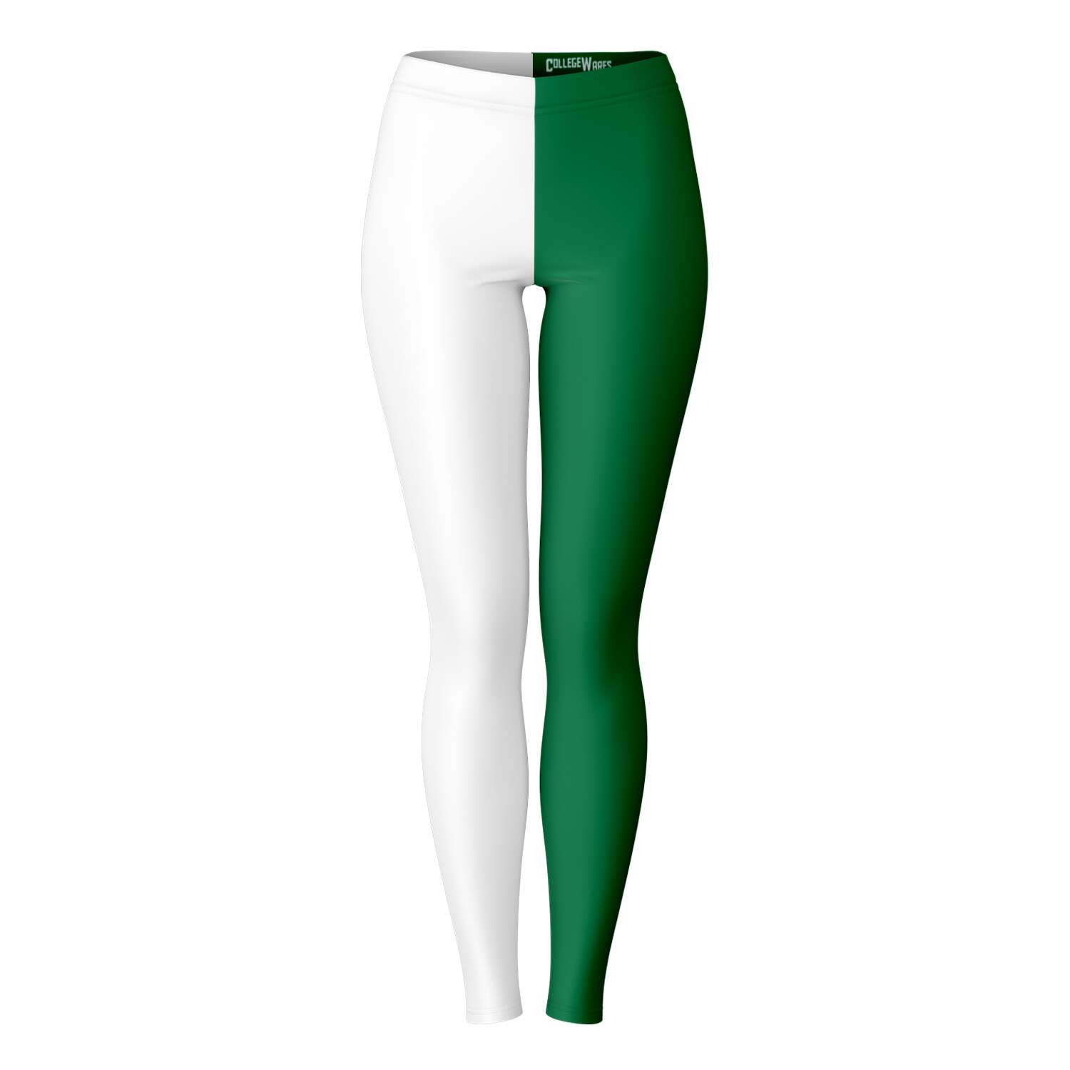 Front view of Dartmouth College color leggings in green and white vertical split — preppy Ivy League style from CollegeWares.