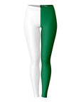 Front view of Eastern Michigan University color leggings with vertical white and green split — collegiate style from CollegeWares.