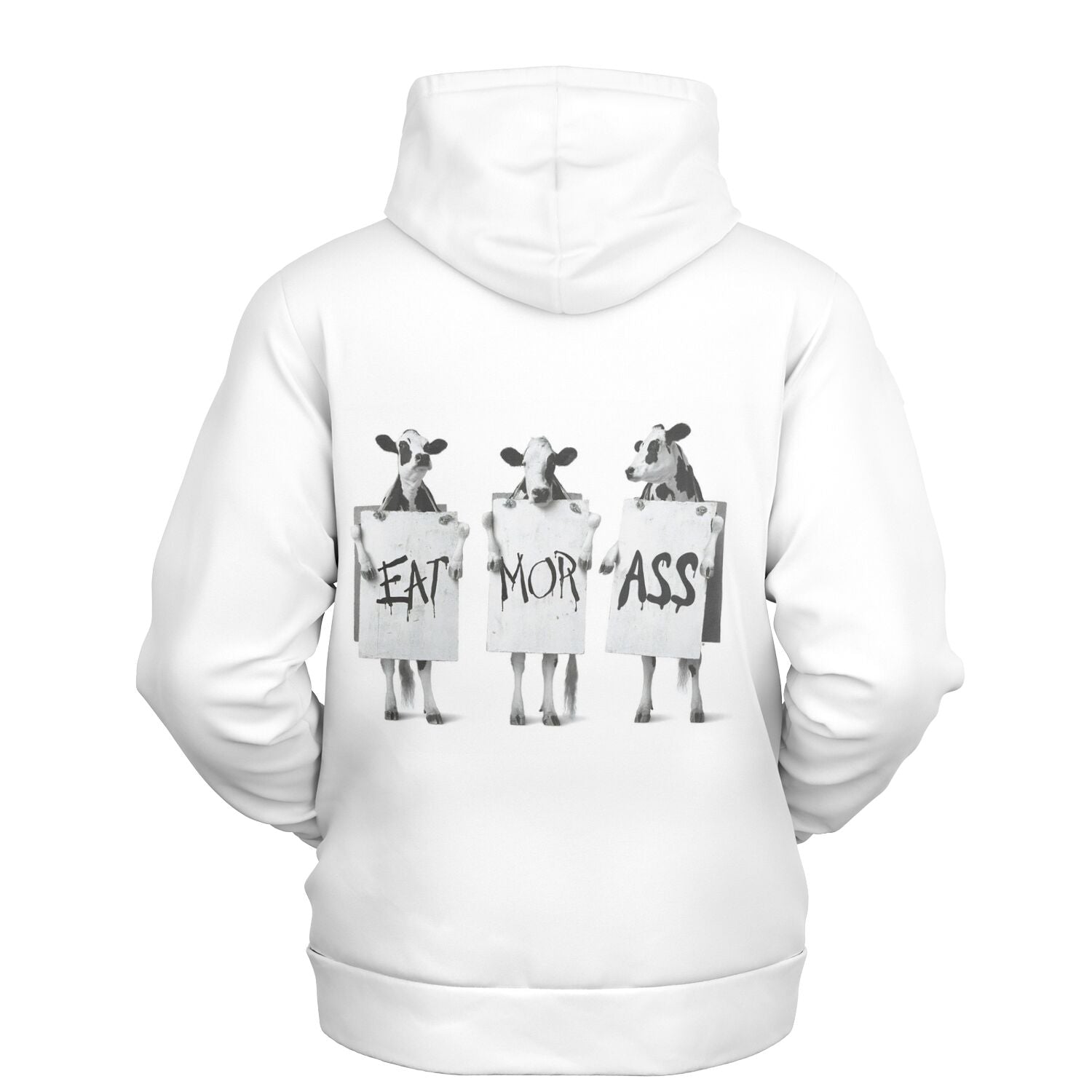 White hoodie featuring three cows holding signs that read “Eat Mor Ass” — edgy parody graphic design on the back by CollegeWares.