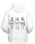 White hoodie featuring three cows holding signs that read “Eat Mor Ass” — edgy parody graphic design on the back by CollegeWares.