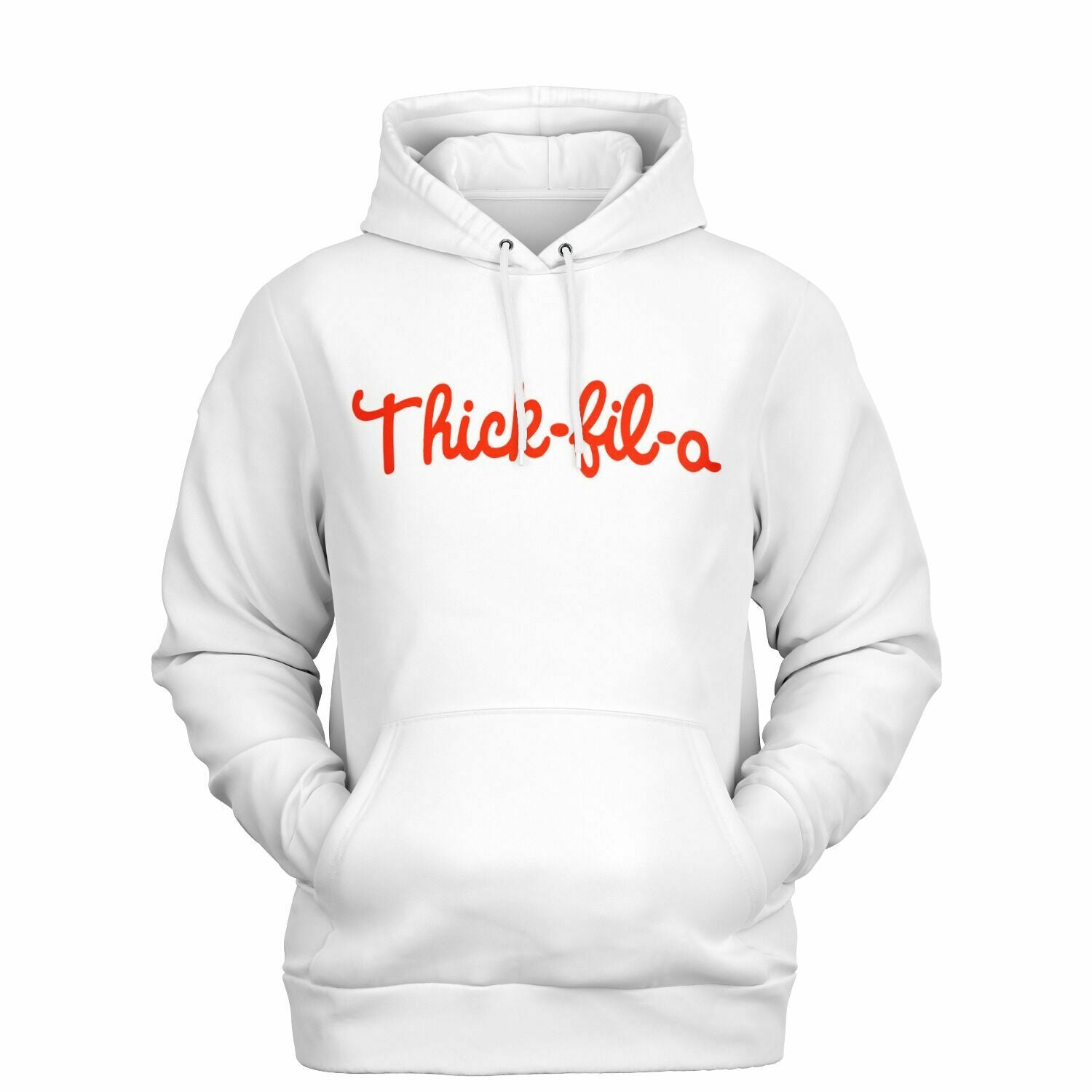White hoodie with bold red “Thick-fil-a” parody logo in script font — funny fast food-themed streetwear hoodie by CollegeWares.