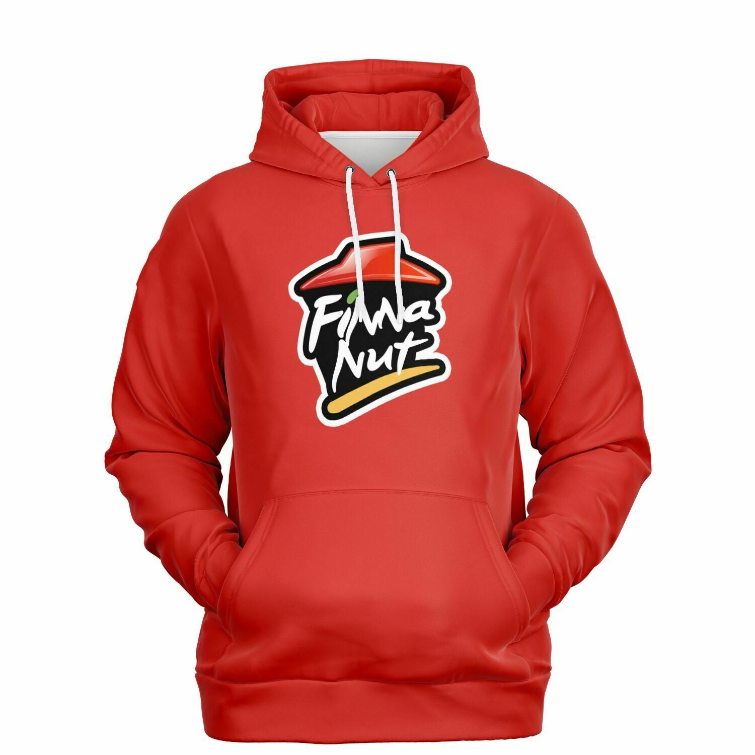 Bright red hoodie featuring a parody pizza logo with bold white and black text saying “Finna Nut” — funny college hoodie from CollegeWares.