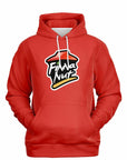 Bright red hoodie featuring a parody pizza logo with bold white and black text saying “Finna Nut” — funny college hoodie from CollegeWares.