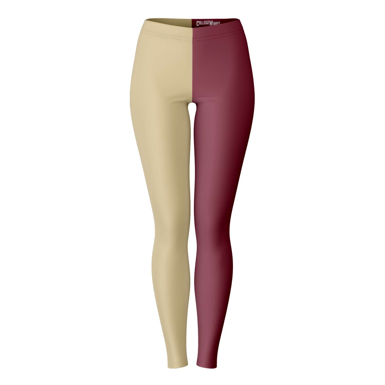 Front view of Florida State University color leggings with gold and garnet color split — vibrant school spirit from CollegeWares.