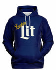 Navy blue hoodie with bold vintage-style white text reading “Lit” and golden cursive “Fuckin’” above it — party hoodie from CollegeWares with classic beer label energy.