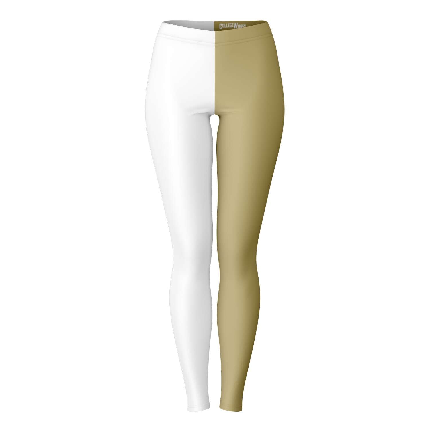 Front view of Georgia Tech color leggings with white and tech gold split — subtle collegiate fashion from CollegeWares.