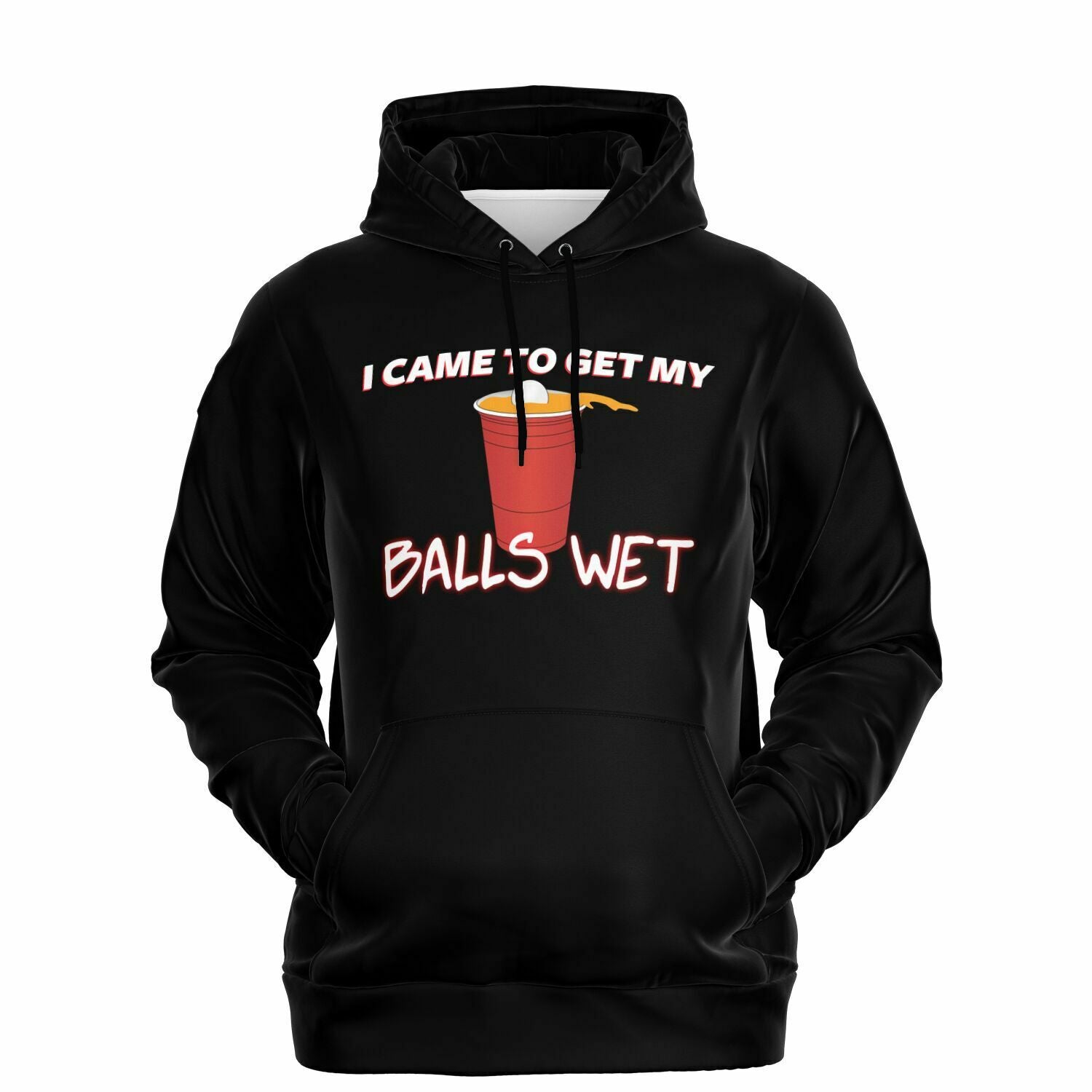 Black hoodie featuring red solo cup graphic and the phrase “I came to get my balls wet” — funny beer pong sweatshirt from CollegeWares.