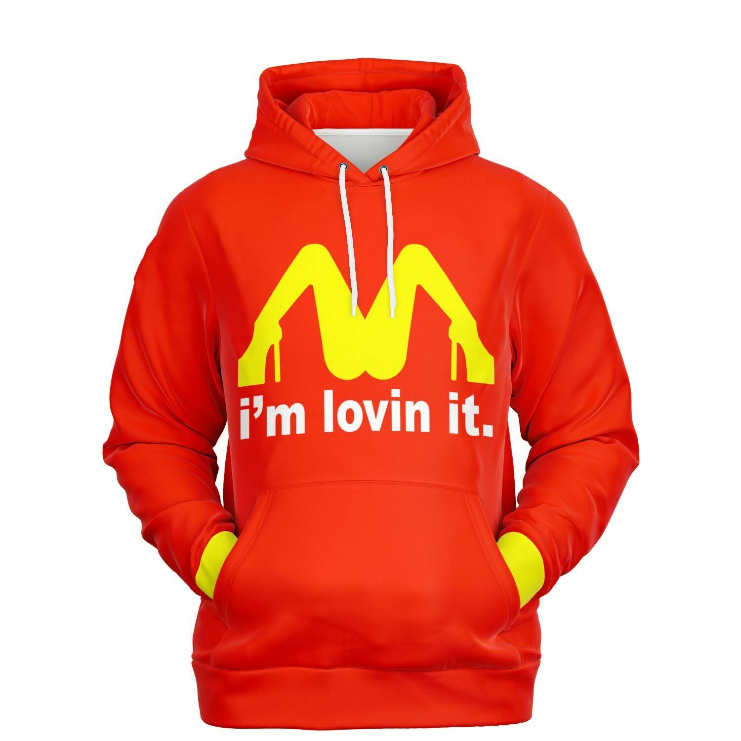 Red hoodie with bold yellow graphic of legs shaped like golden arches and the phrase “I’m lovin it.” — edgy college sweatshirt from CollegeWares.