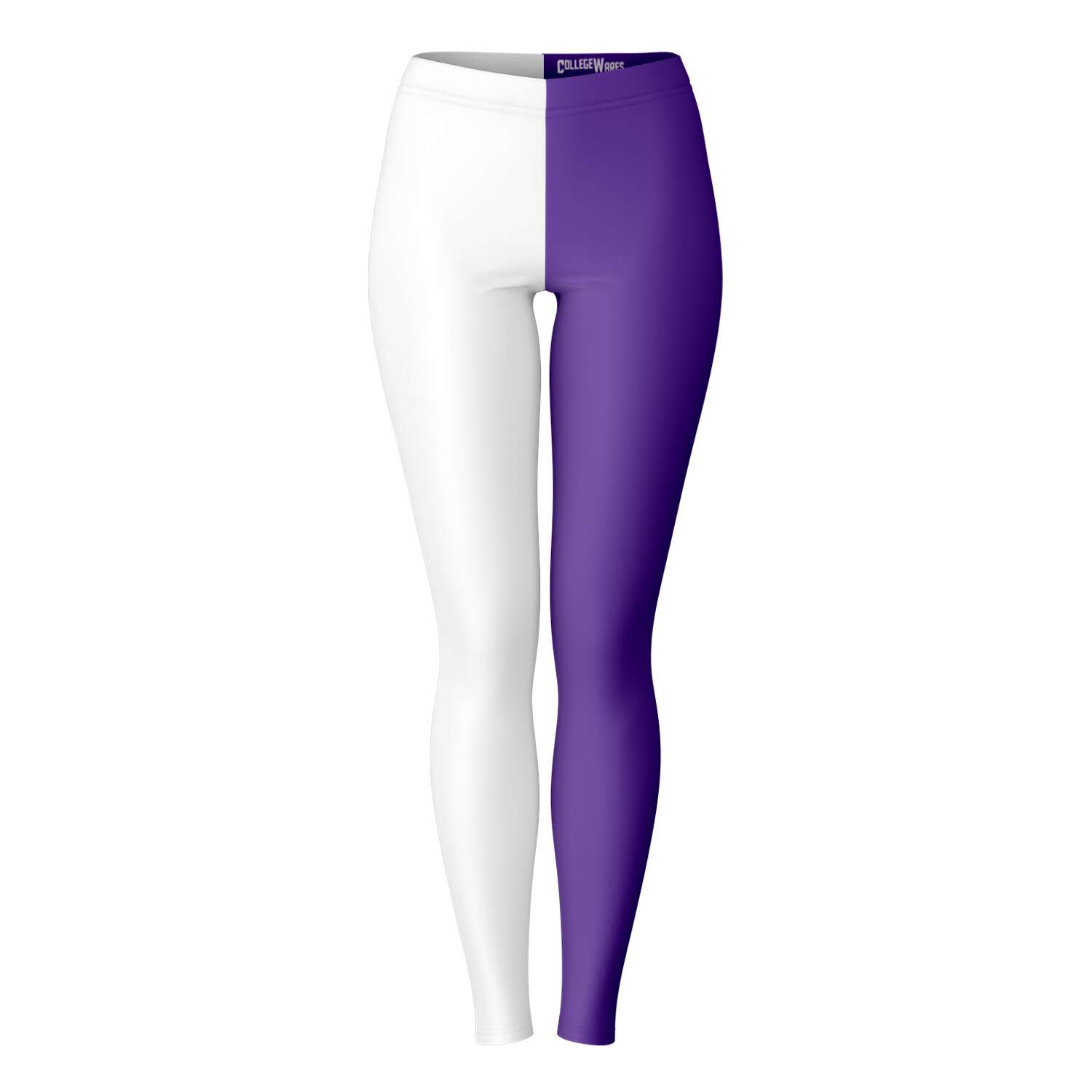 Front view of Kansas State University color leggings in white and royal purple split — collegiate fan gear from CollegeWares.