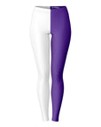 Front view of Kansas State University color leggings in white and royal purple split — collegiate fan gear from CollegeWares.