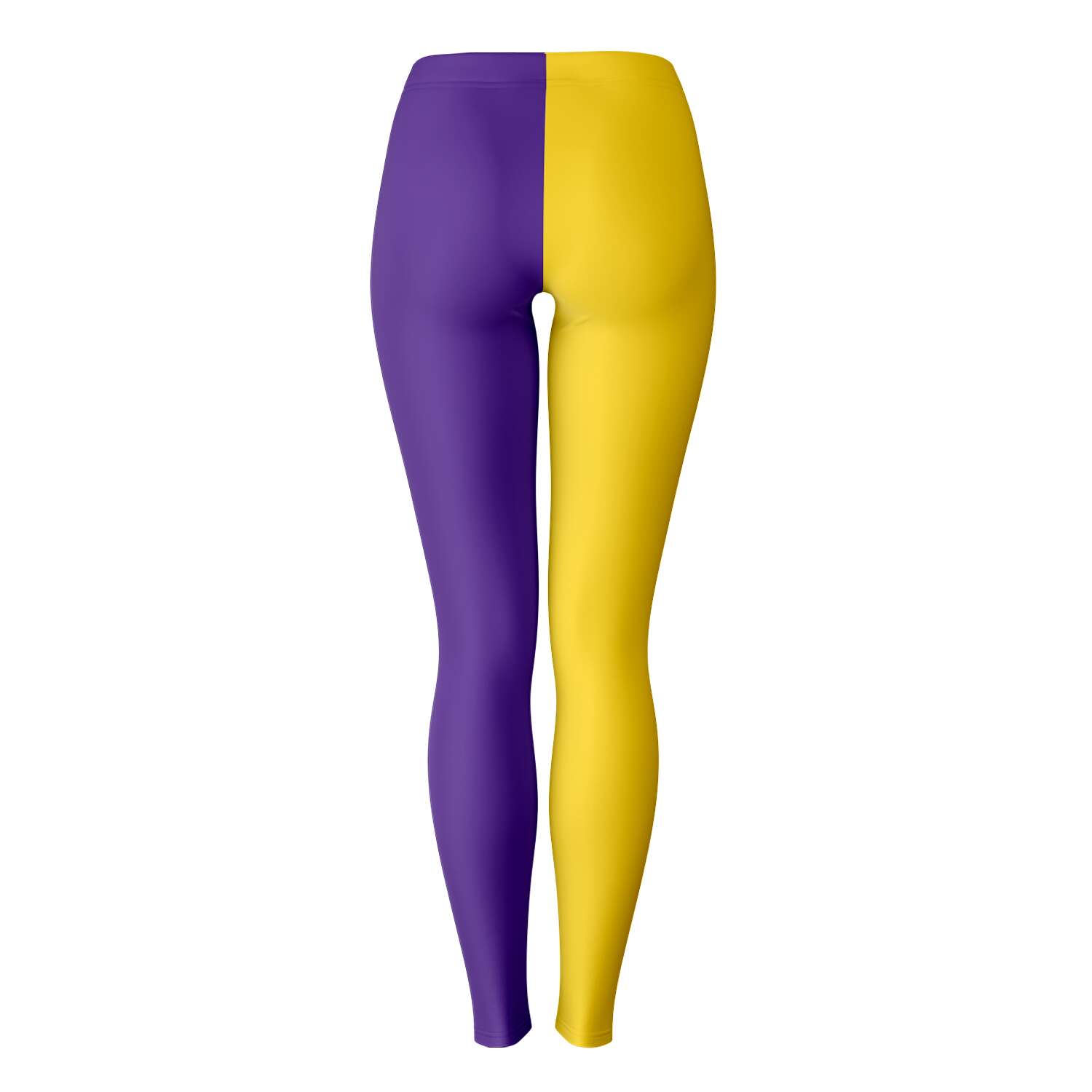 Back view of gold and purple leggings with bold color contrast — sporty collegiate style from CollegeWares.