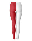 Back view of red and white leggings with color block split — spirited Miami University activewear.
