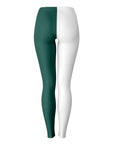 Back view of white and green split leggings — MSU-inspired college fan gear.