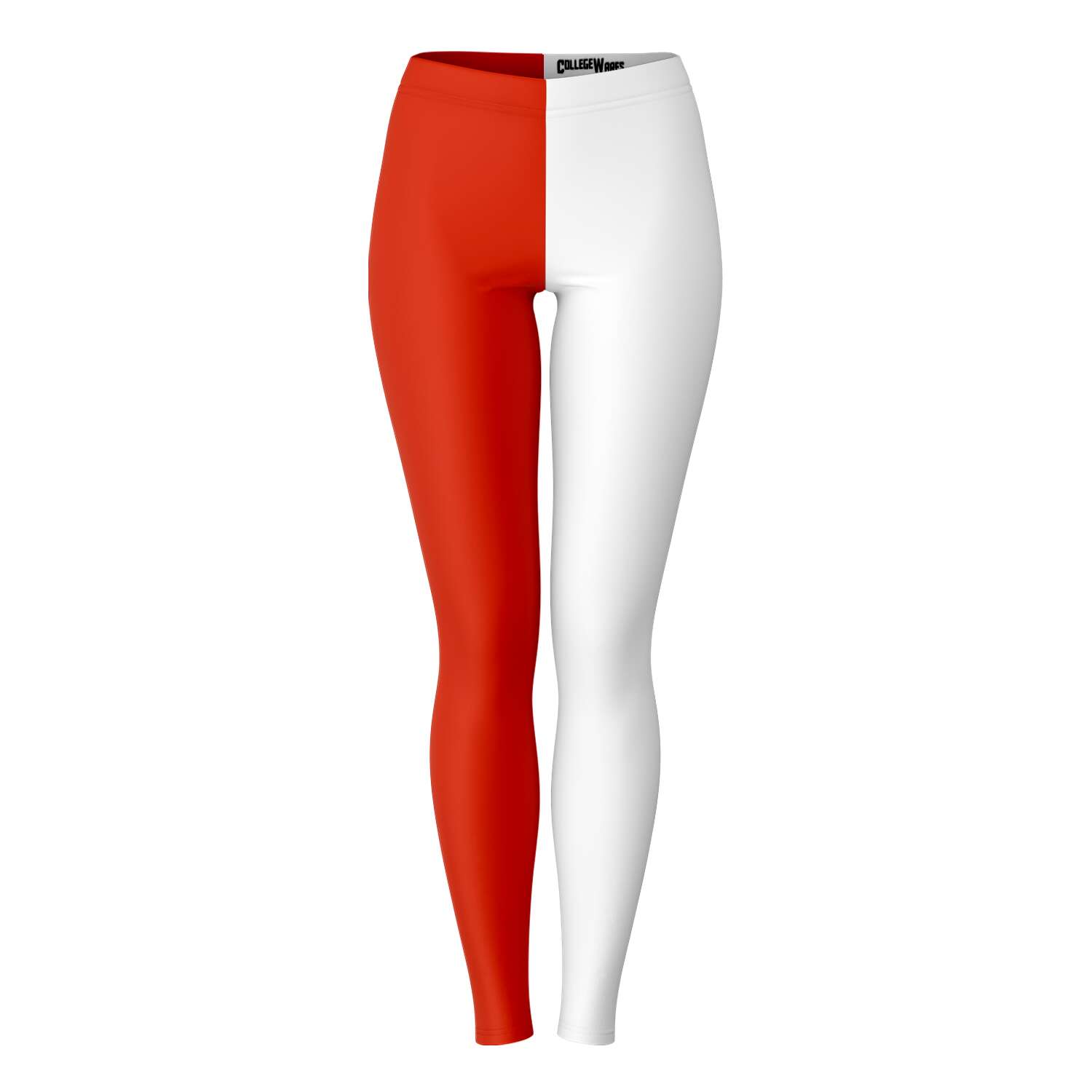 Front view of NC State color leggings with red and white split — Wolfpack-themed fan apparel by CollegeWares.