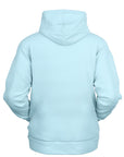 Light blue hoodie with bold black gothic font reading “Pushin” and a bright blue parking “P” icon — trendy rap-inspired hoodie from CollegeWares.