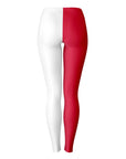 Back view of Rutgers red and white leggings with sleek symmetry — collegiate fanwear by CollegeWares.