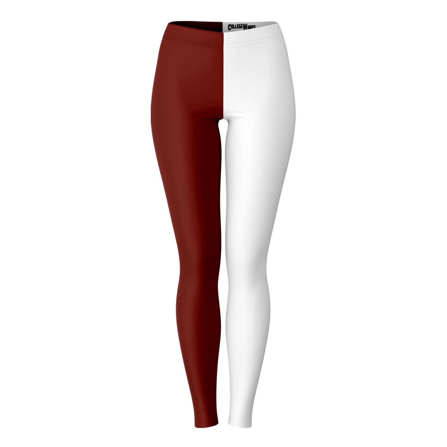 Front view of maroon and white Texas A&M University color leggings with bold side-split style — classic college fanwear from CollegeWares.