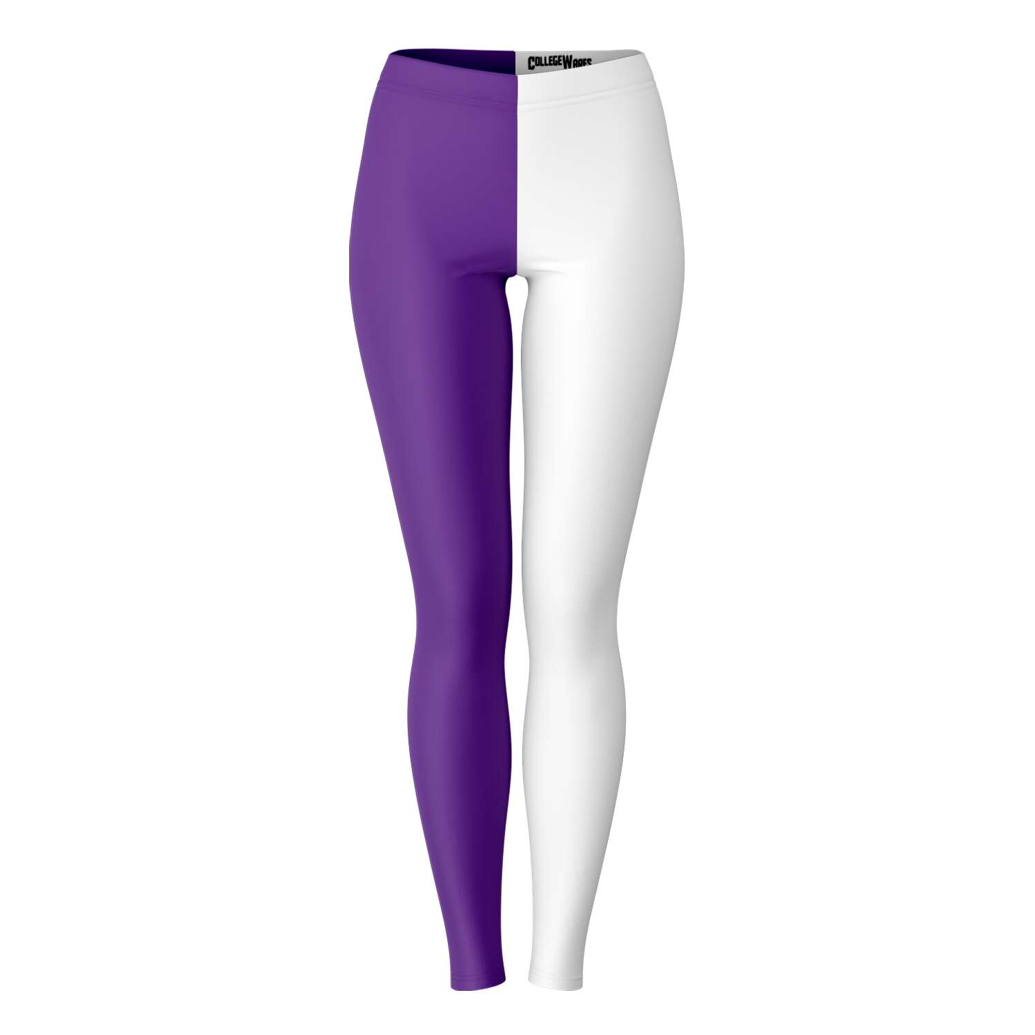 Front view of purple and white Texas Christian University color leggings with bold side-split design — college fanwear by CollegeWares.
