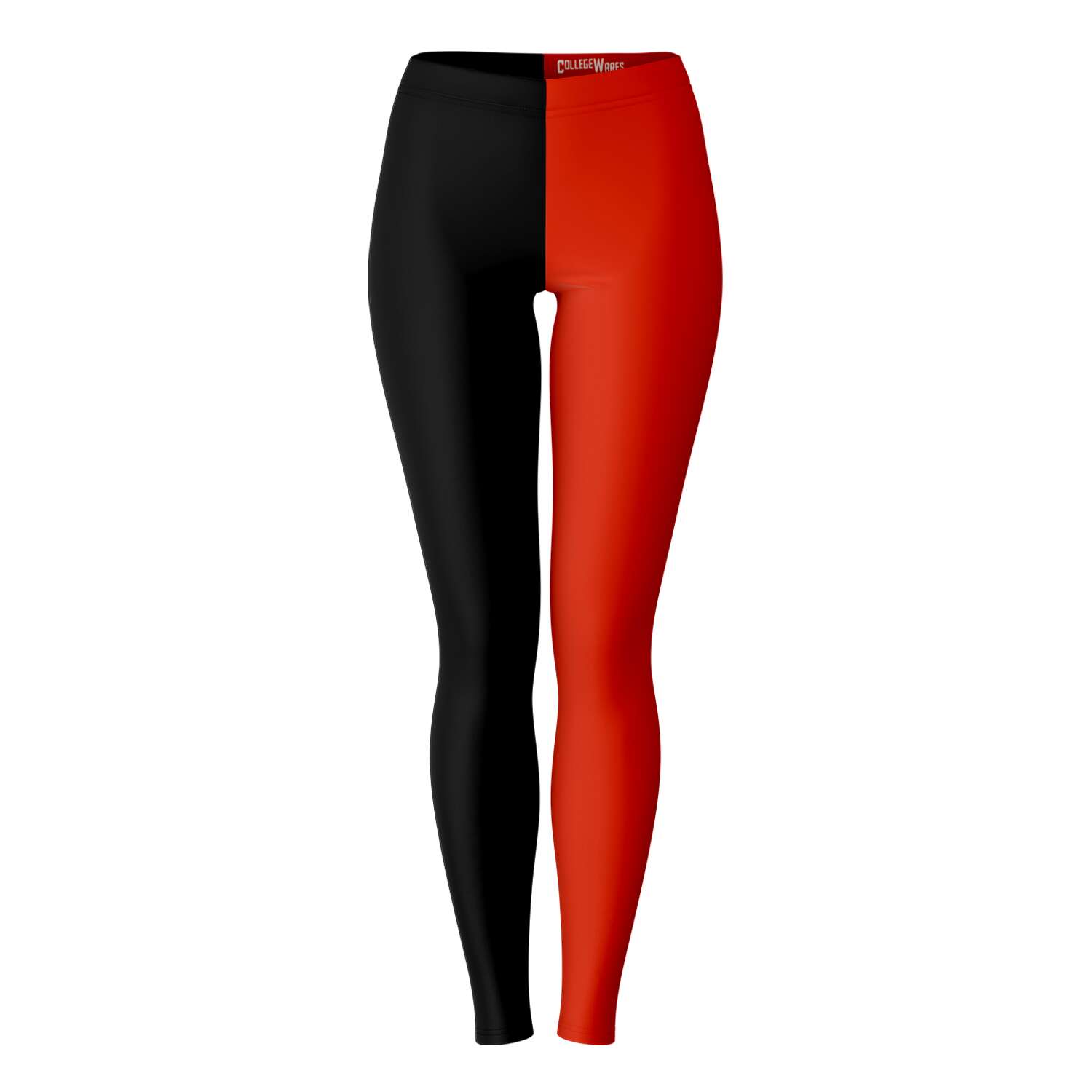 Front view of red and black Texas Tech color leggings with vibrant split design — bold game day look by CollegeWares.