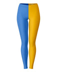 Front view of UCLA blue and gold leggings with bold split-leg design — spirited Bruin fanwear from CollegeWares.