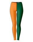 Front view of University of Miami color leggings in orange and green — tropical team spirit by CollegeWares.